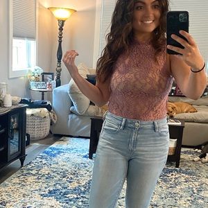 Pink Lace See-Through Bodysuit | High Neckline with mock turtleneck
